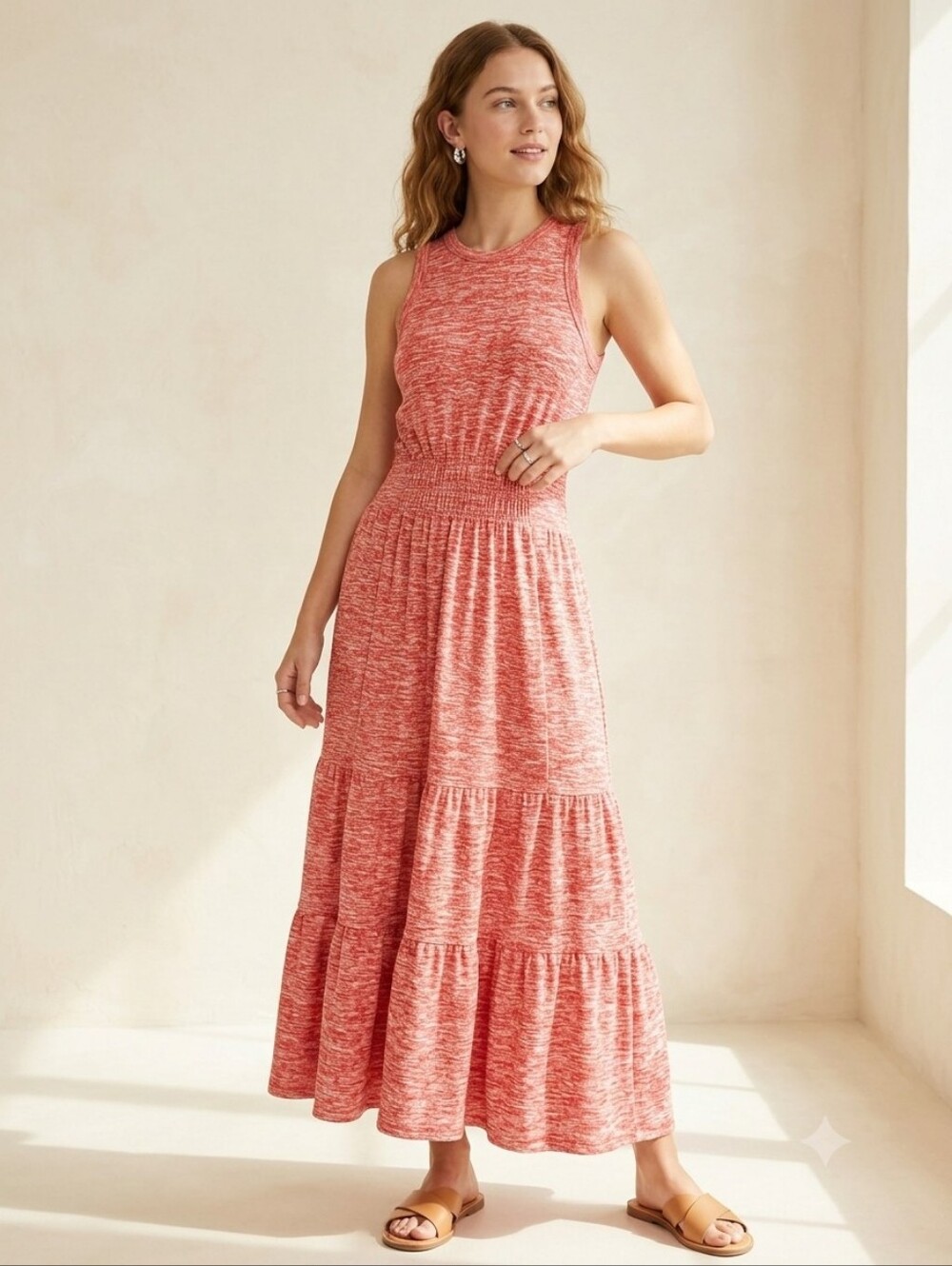 Lou & Grey for LOFT Coral Heather Knit Smocked Tiered Maxi Dress XS